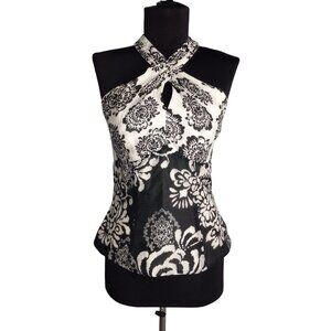 WHBM Size 2 Halter Top Black White Floral Pattern Keyhole Front Tie Back Lined